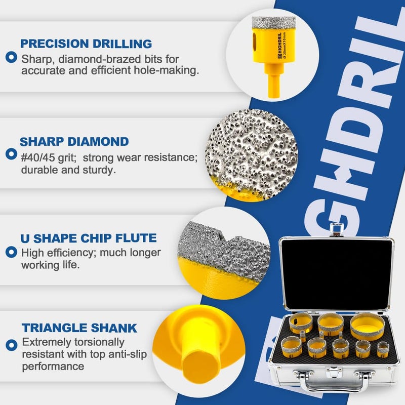 HIGHDRIL 11Pcs Diamond Hole Saw Kit - 1/4", 5/16", 3/8", 4/5", 1", 1-1/8", 1-1/4", 1-3/8", 1-3/4", 2", 2-1/2" Drill Bits for Tile Porcelain Ceramic Granite Marble - Image 3